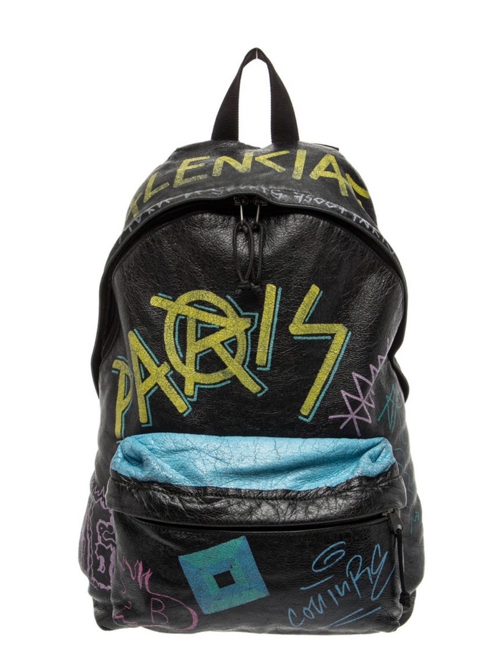 Balenciaga Black Leather Backpack with Teal Front Pocket and Multicolor Graffiti